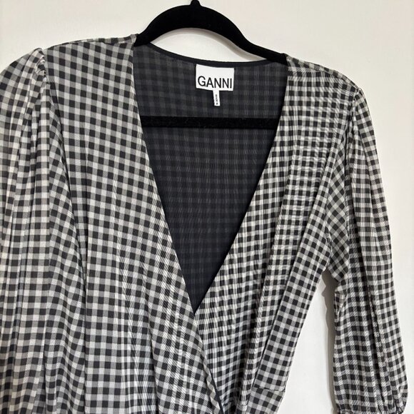 Ganni Black White Gingham Wrap Dress 36 V Neck Half Sleeve - Picture 4 of 7